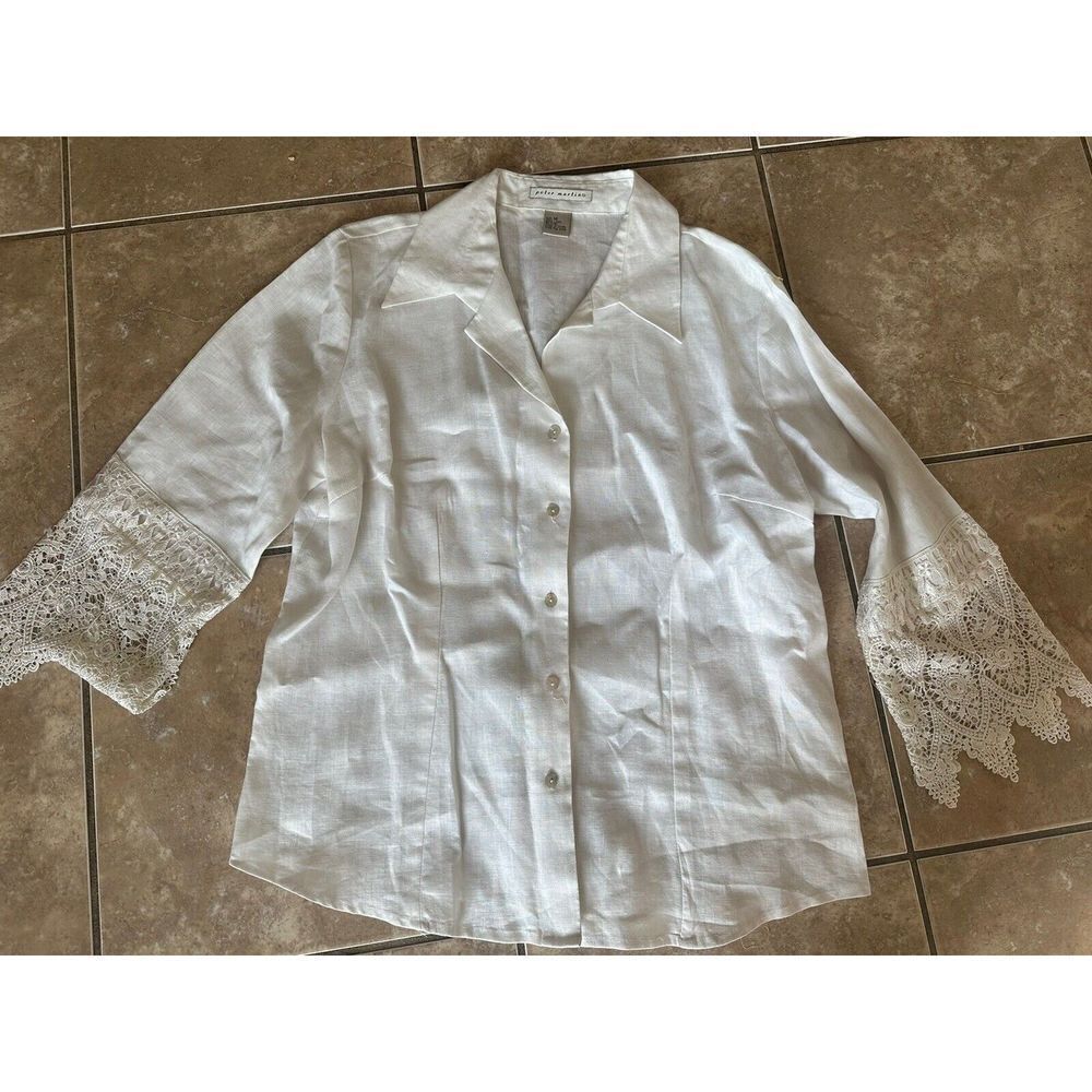 Peter Martin 14 Vintage Linen Blouse Crochet Sleeves ￼